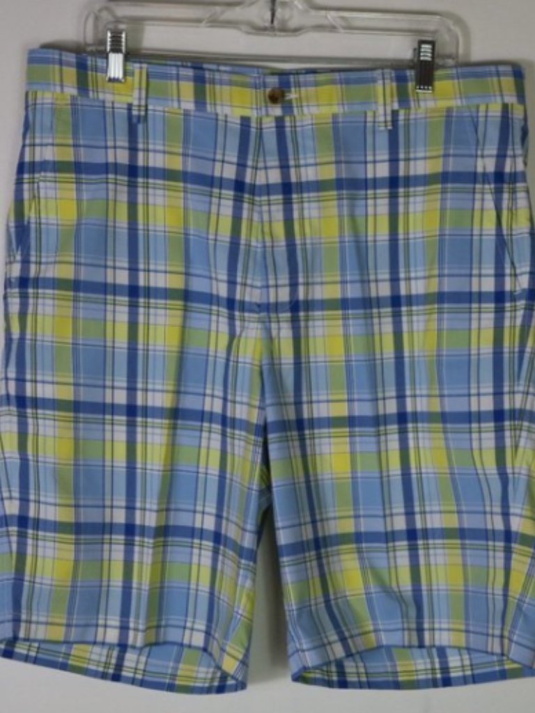 Footjoy Mens Plaid Golf Shorts Size 36 10" Inseam Blue Yellow Flat Front